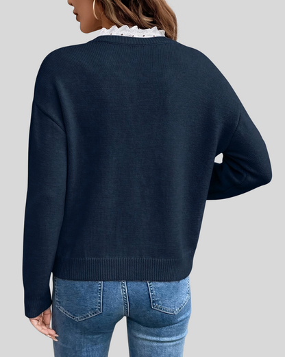 AURLYS™ Delicacy V-Neck Sweater | Elegant Lace Trim Knit