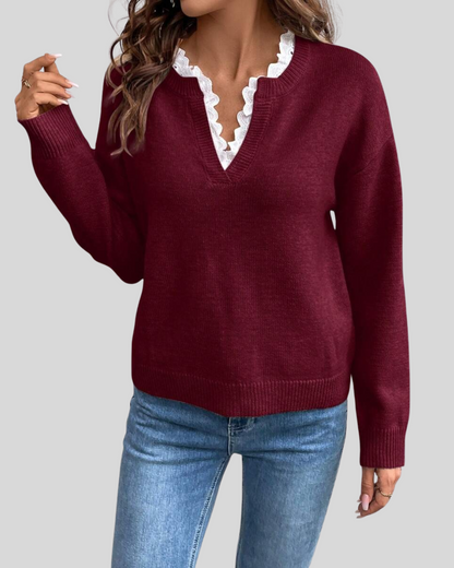 AURLYS™ Delicacy V-Neck Sweater | Elegant Lace Trim Knit