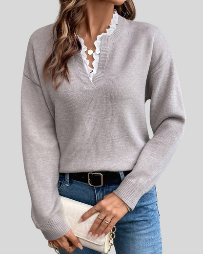 AURLYS™ Delicacy V-Neck Sweater | Elegant Lace Trim Knit