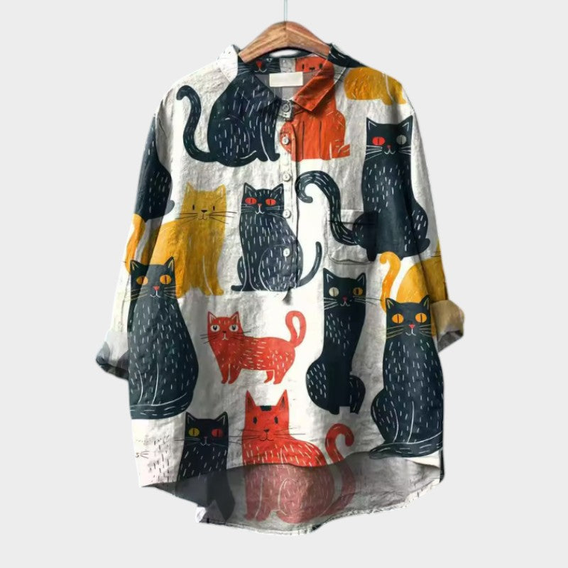 Liliana™ | Timeless Colorful Cat Print Linen Blouse