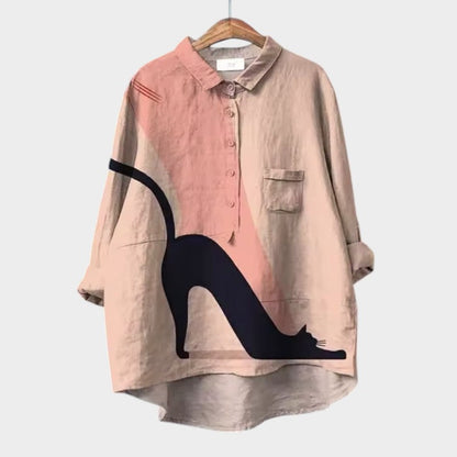 Liliana™ | Timeless Colorful Cat Print Linen Blouse
