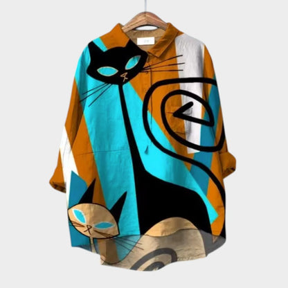 Liliana™ | Timeless Colorful Cat Print Linen Blouse