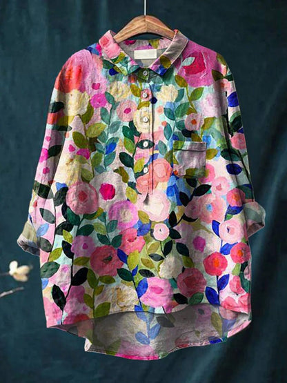 Elara™ | Timeless Printed Linen Blouse