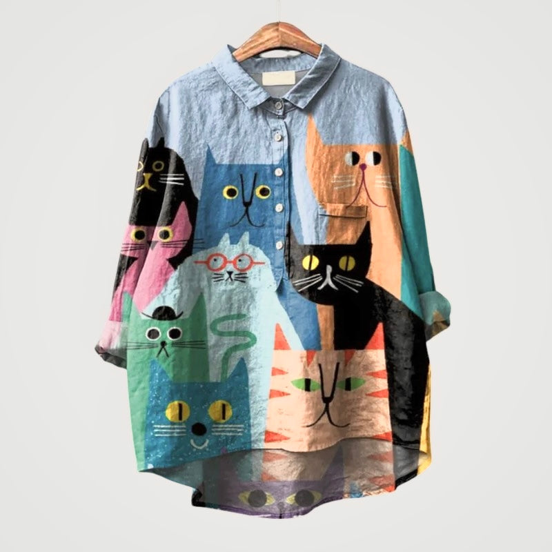 Liliana™ | Timeless Colorful Cat Print Linen Blouse