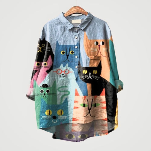Liliana™ | Timeless Colorful Cat Print Linen Blouse