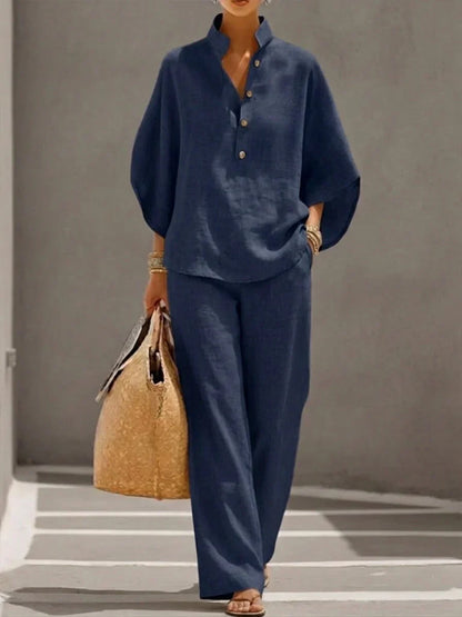Maribel™ | Linen set with batwing sleeves and wide-leg trousers