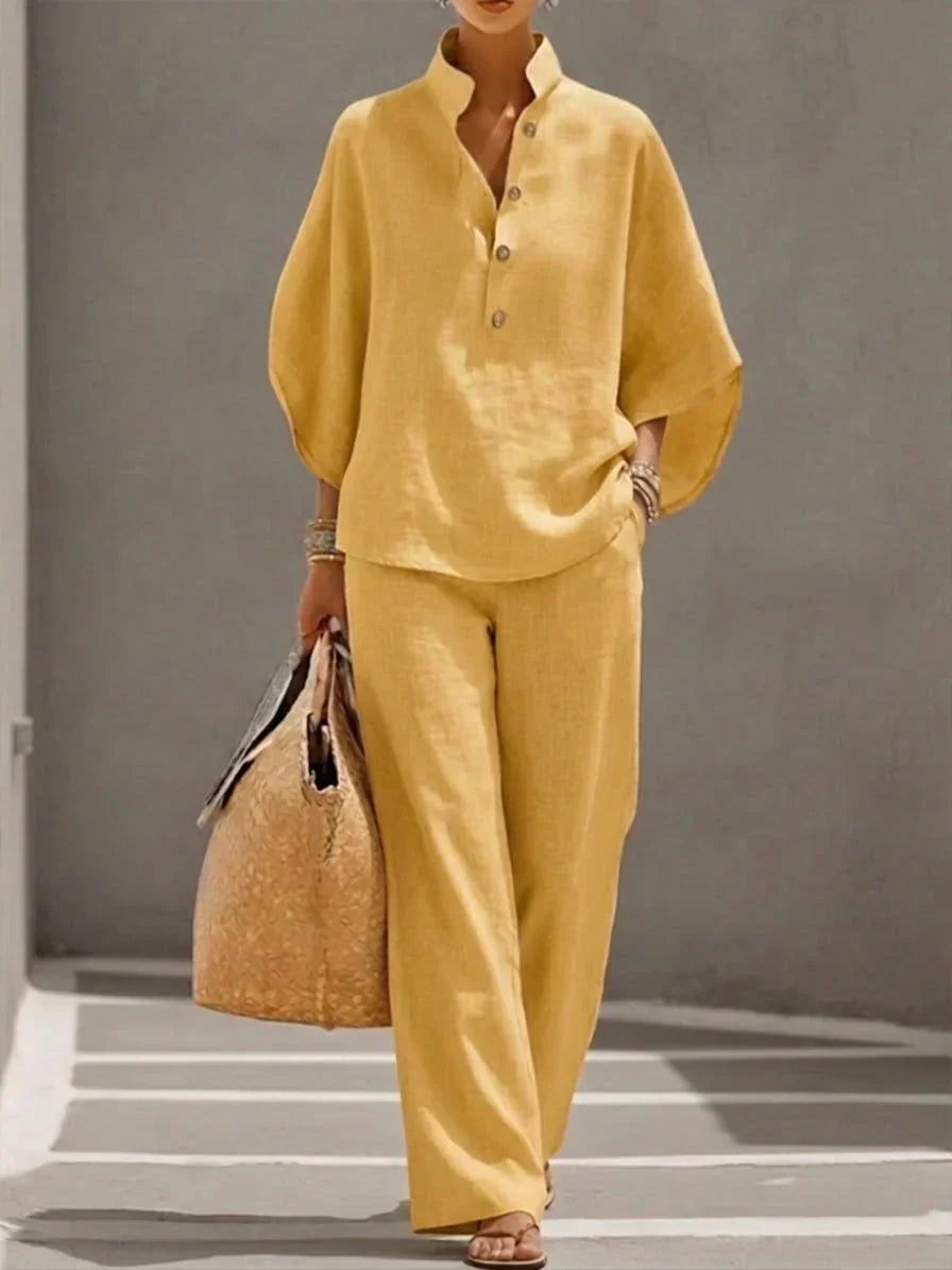 Maribel™ | Linen set with batwing sleeves and wide-leg trousers