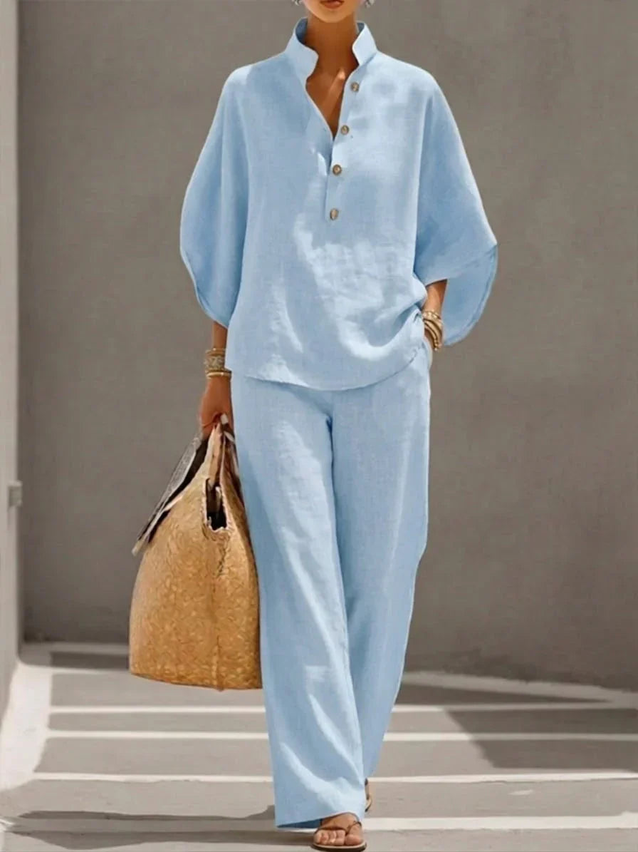 Maribel™ | Linen set with batwing sleeves and wide-leg trousers