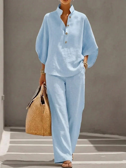 Maribel™ | Linen set with batwing sleeves and wide-leg trousers