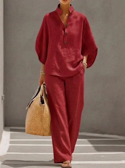Maribel™ | Linen set with batwing sleeves and wide-leg trousers