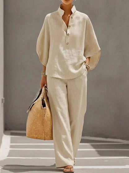 Maribel™ | Linen set with batwing sleeves and wide-leg trousers