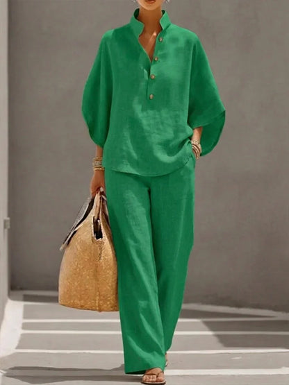 Maribel™ | Linen set with batwing sleeves and wide-leg trousers